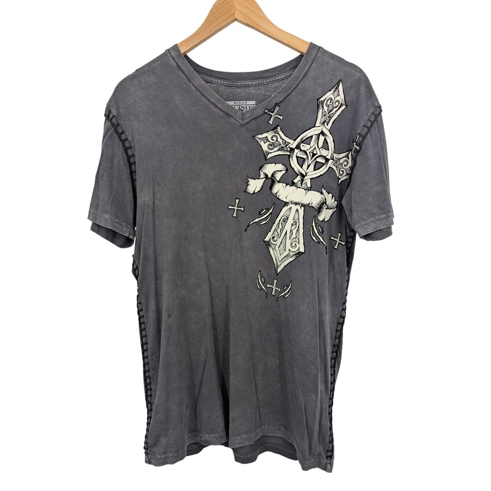 VTG Raw State Premium Gray Cross Graphic Tee Medium Distressed Gothic Edgy Style